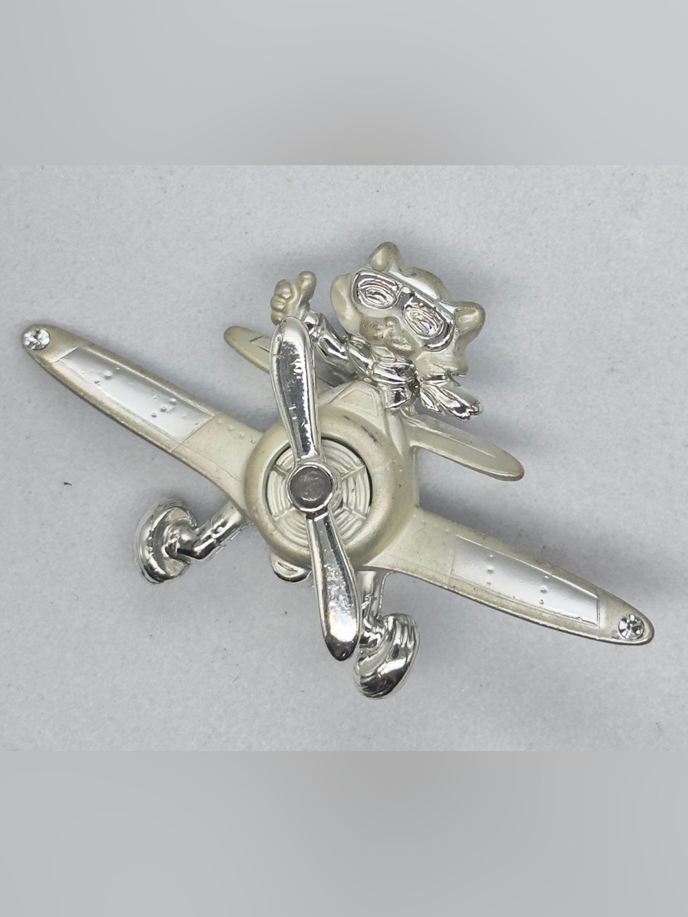 Vintage AJC Silver Tone Cat Airplane Brooch Propeller Figural Aviator Kitty
